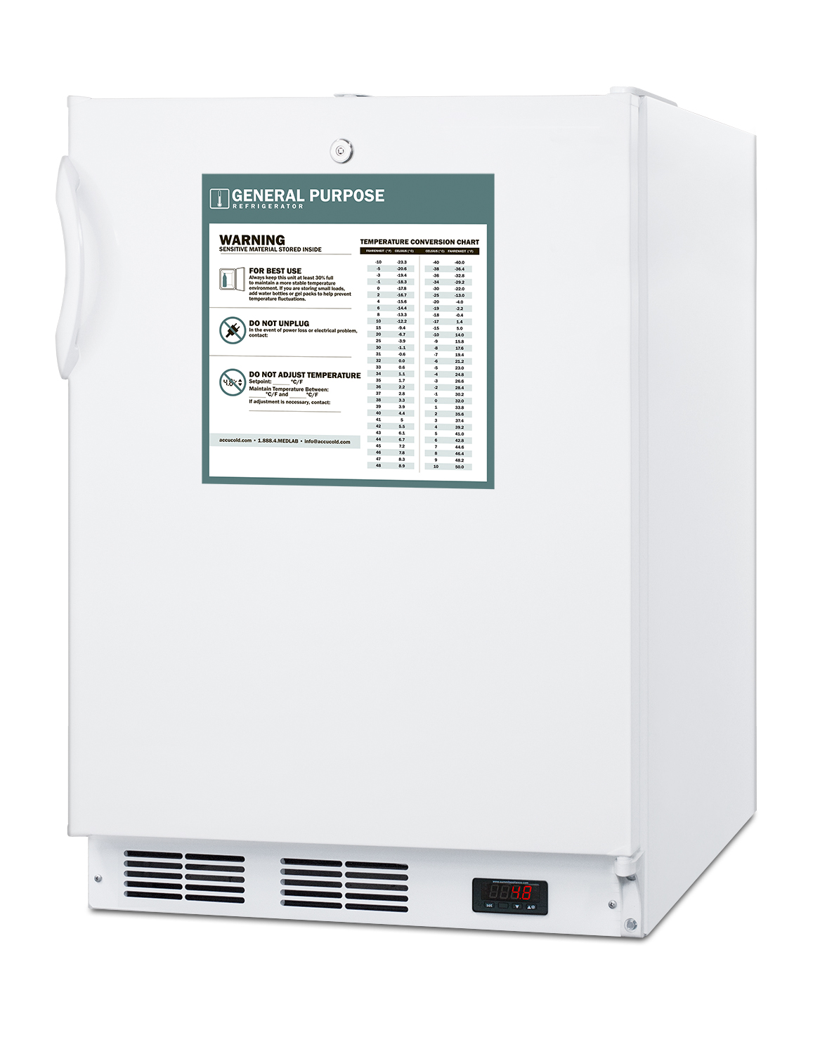 ADA compliant built-in undercounter all-refrigerator for general purpose and commercial use, with lock, auto defrost operation, internal fan, digital thermostat, and white exterior
